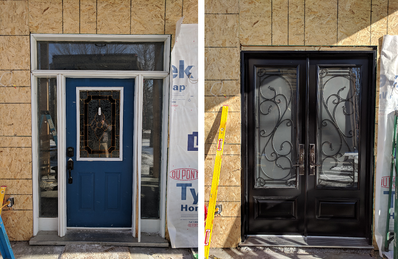 Before and After. Standard 6 foot 8 inches front door two sidelight and transom conversion into high double 8 foot door. Three quarters glass. Executive panels. Multi point lock.
